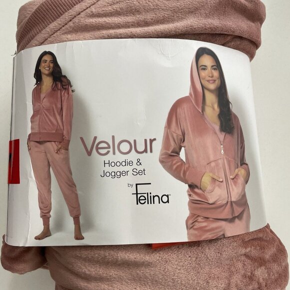 NEW Felina Womens M Hoodie Jogger Pink 2-Piece Velour Tracksuit Soft Relaxed Fit - Picture 2 of 5